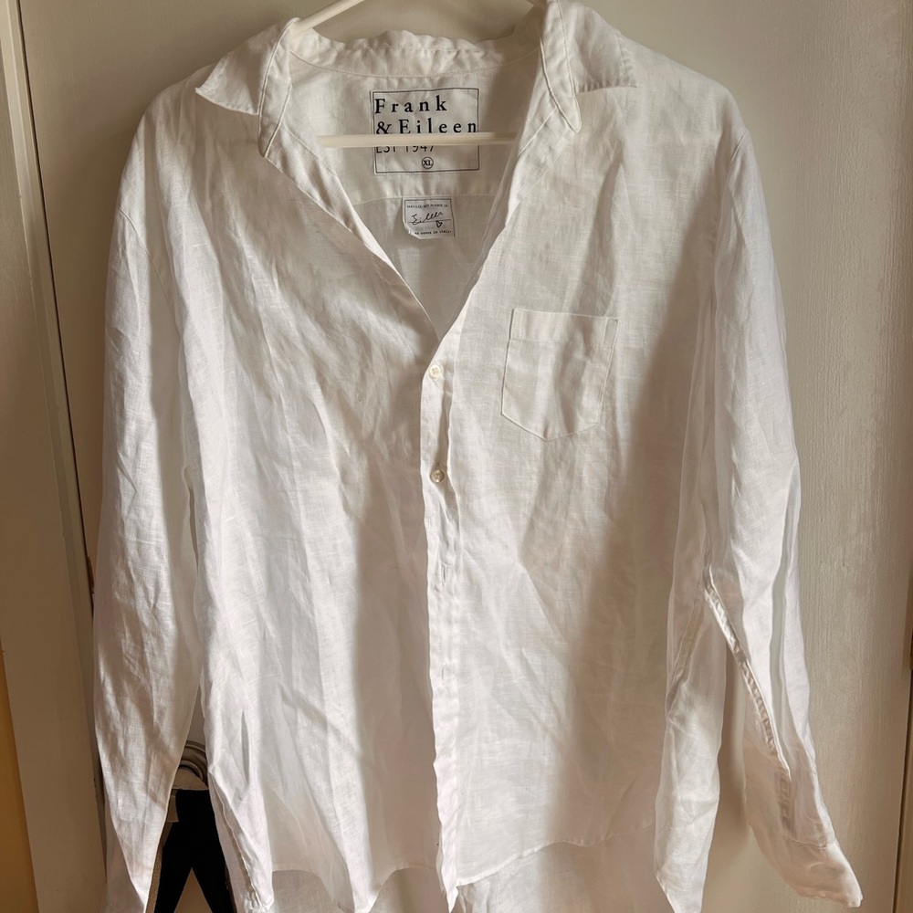Frank & Eileen White Linen Button Front Shirt Eileen Style Italy Made Size XL